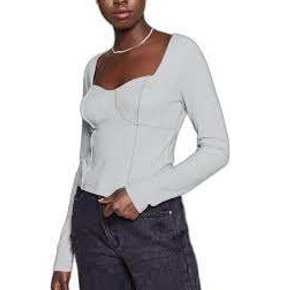 XL And Now This soft grey long sleeve cling bustier ribbed sweetheart neck‎ top